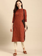 All About You Women Rust Brown Ethnic Motifs Printed Straight Kurta | Grocsy