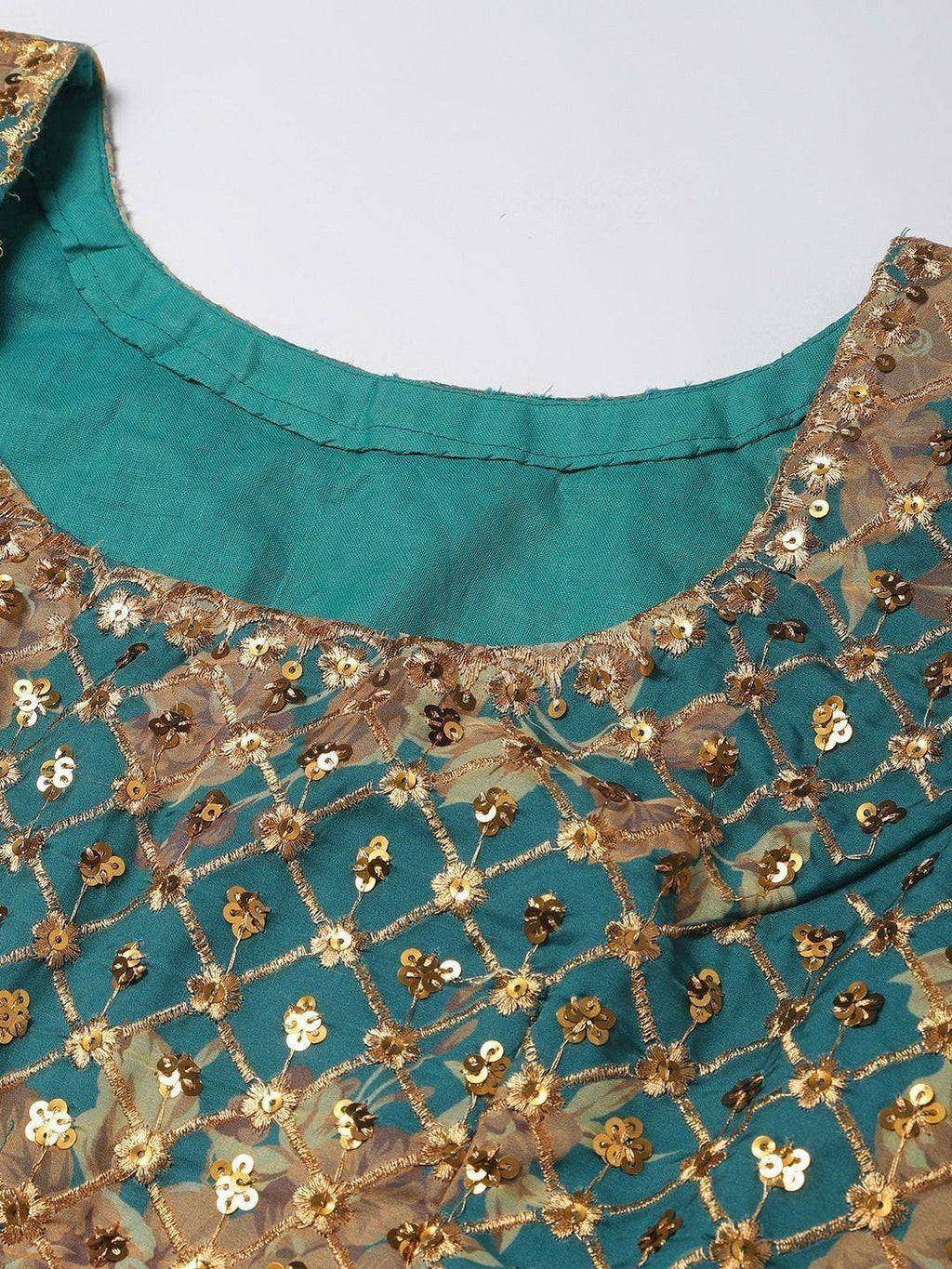 Tulsi Art Teal & Peach-Coloured Embellished Sequinned Semi-Stitched Myntra Lehenga & Unstitched Blouse | Grocsy