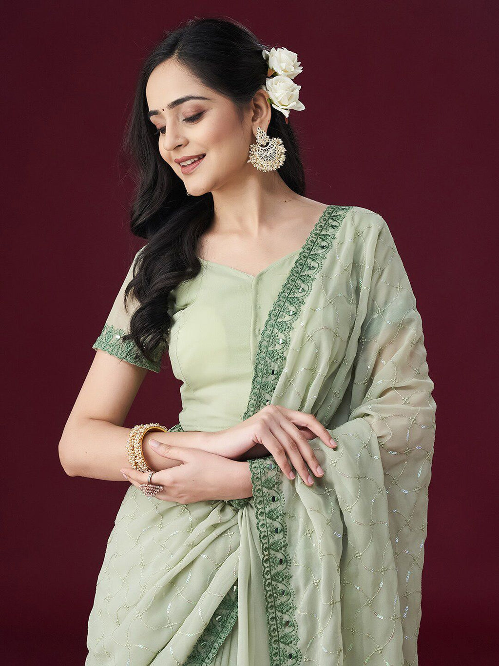 kasee Floral Embroidered Embellished Mirror Work Saree | Grocsy