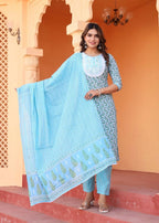 Alvano Women's Kurti with Pant and Dupatta Set for Women's and Girls | Grocsy