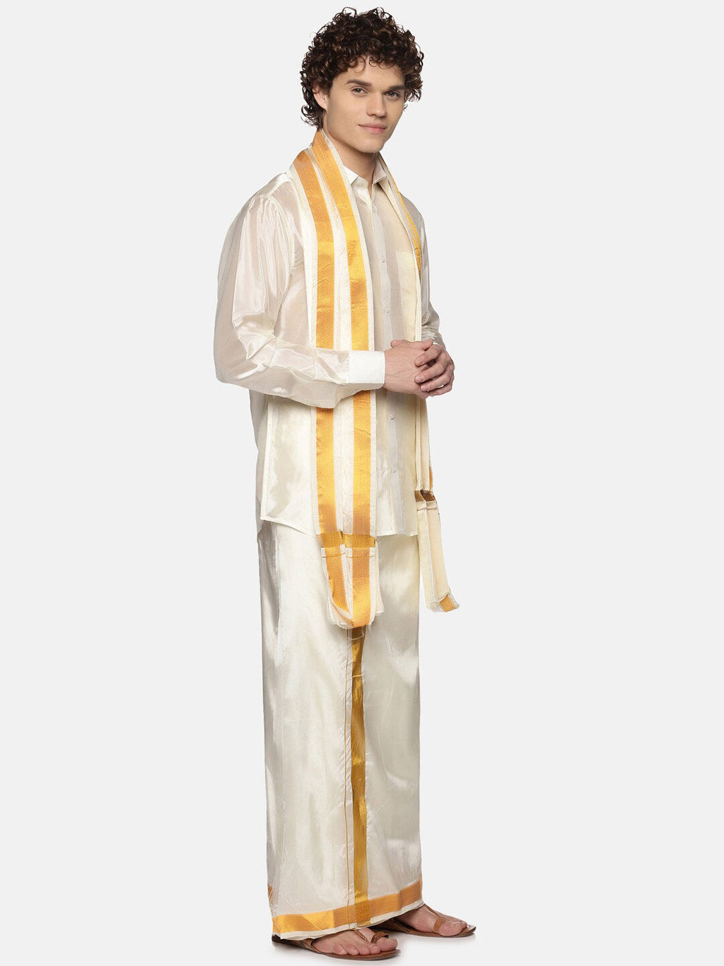 Sethukrishna Men Cream-Coloured Solid Art Silk Dhoti With Angavastram | Grocsy