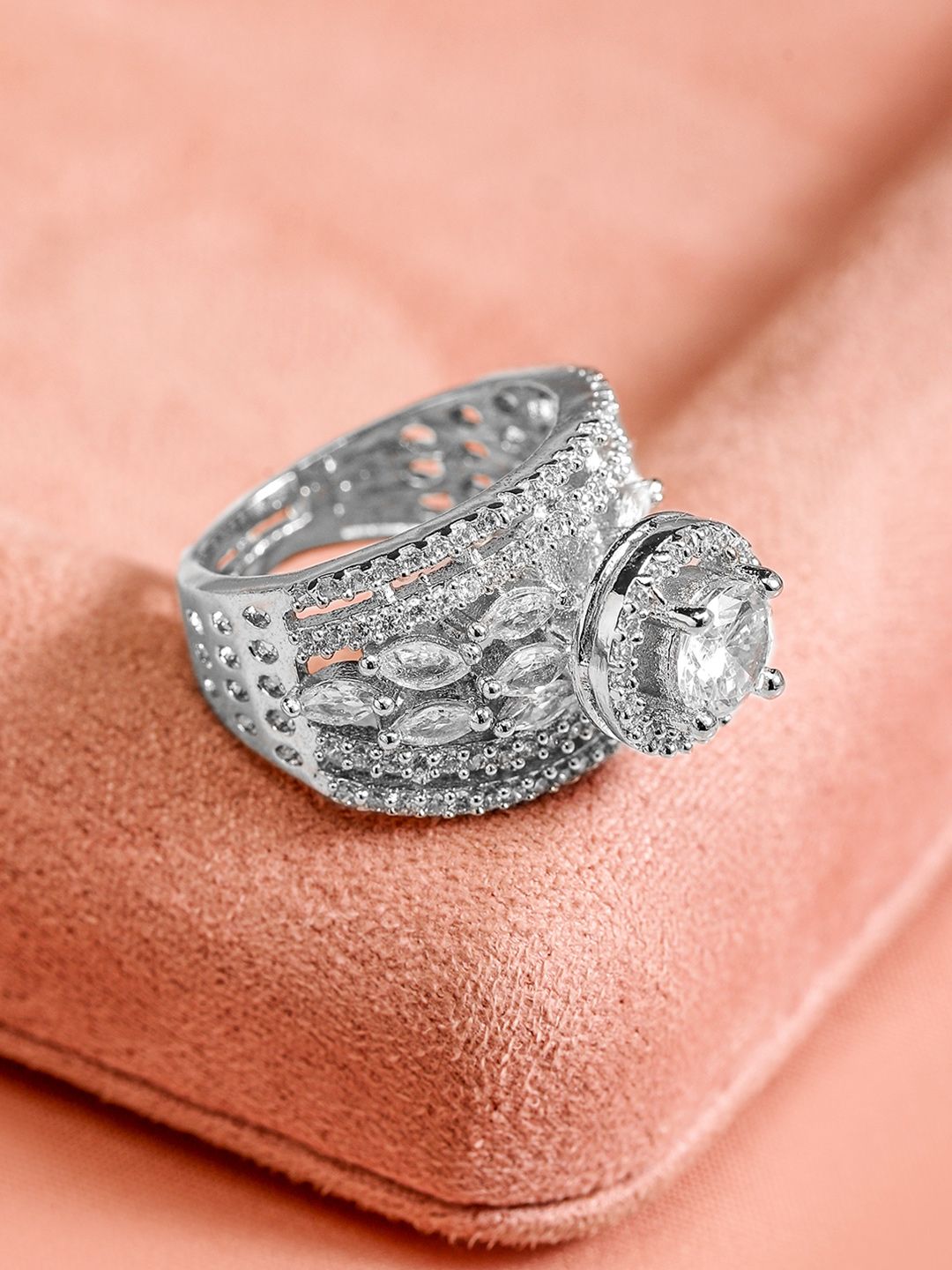 Rubans Women Rhodium Plated Cubic Zirconia Studded Adjustable Finger Ring | Grocsy