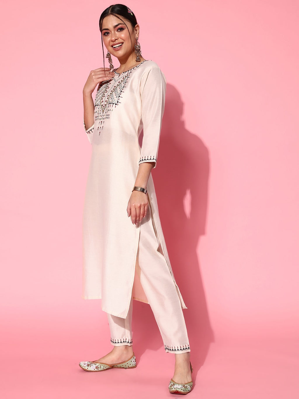 Sangria Women White Ethnic Motifs Embroidered Thread Work Kurta With Trousers & Dupatta | Grocsy