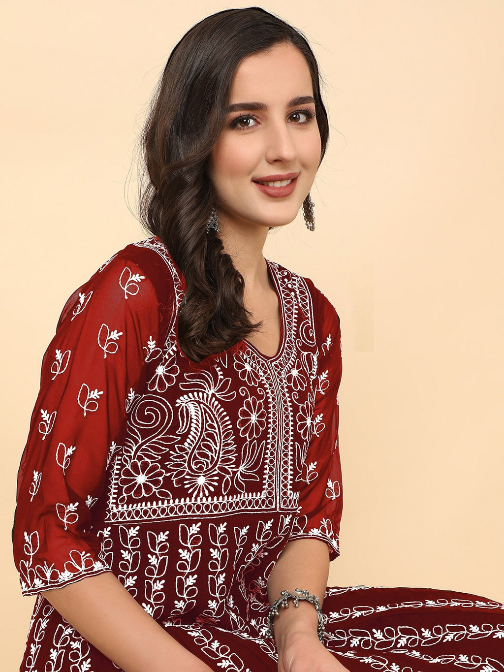 HERE&NOW Scoop Neck Chikankari Embroidered Thread Work Georgette Anarkali Kurta | Grocsy