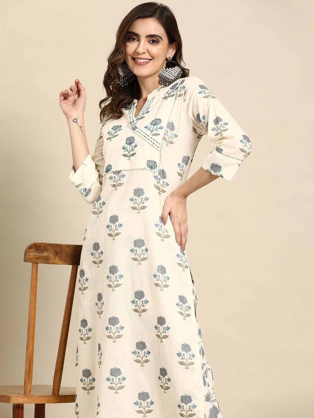 Sangria Floral Printed Angrakha Sequinned Pure Cotton Kurta With Trousers | Grocsy