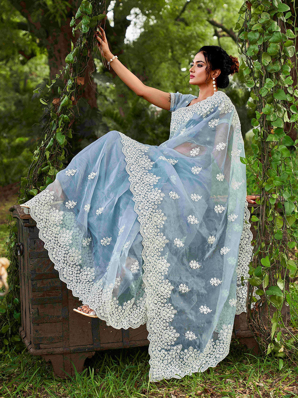 Tikhi Imli Ethnic Motifs Beads and Stones Organza Heavy Work Saree | Grocsy