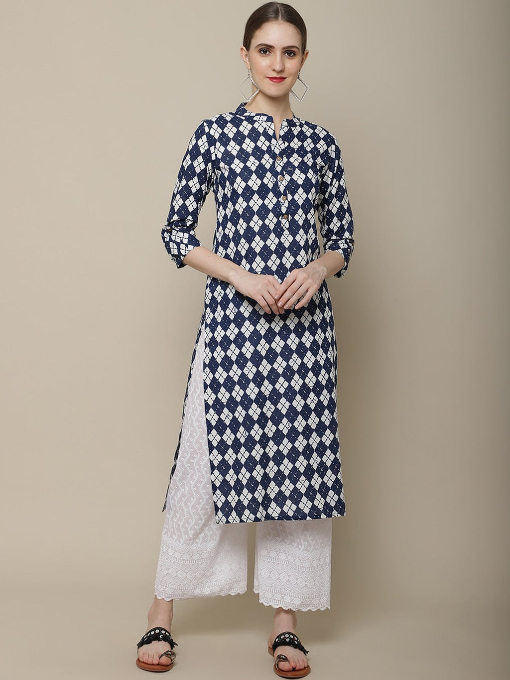 Sangria Women Navy Blue & White Geometric Printed Kurta | Grocsy