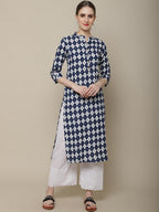 Sangria Women Navy Blue & White Geometric Printed Kurta | Grocsy