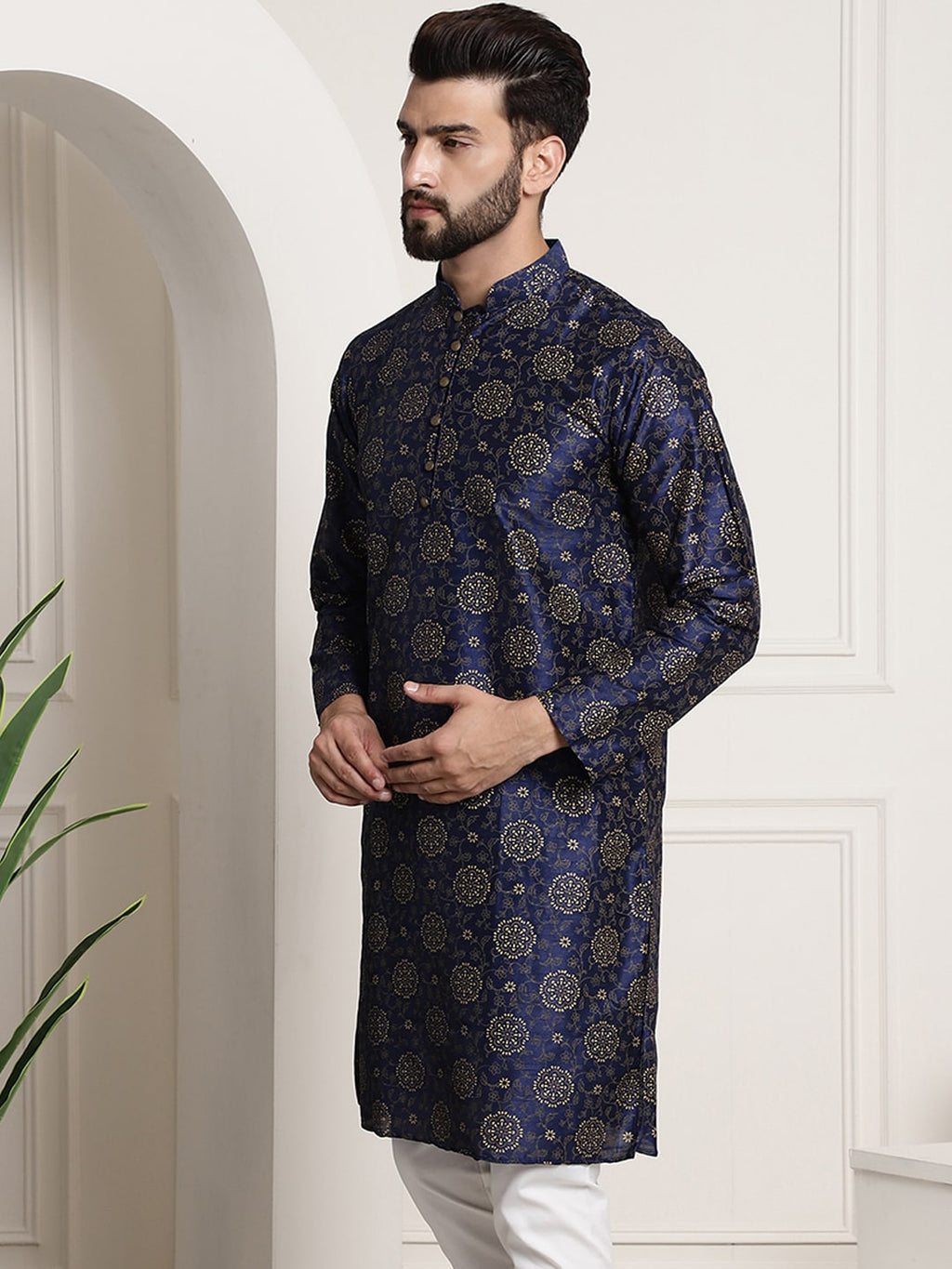 Sojanya Men Navy Blue & Golden Ethnic Motifs Printed Indigo Kurta | Grocsy