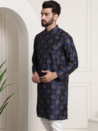 Sojanya Men Navy Blue & Golden Ethnic Motifs Printed Indigo Kurta | Grocsy