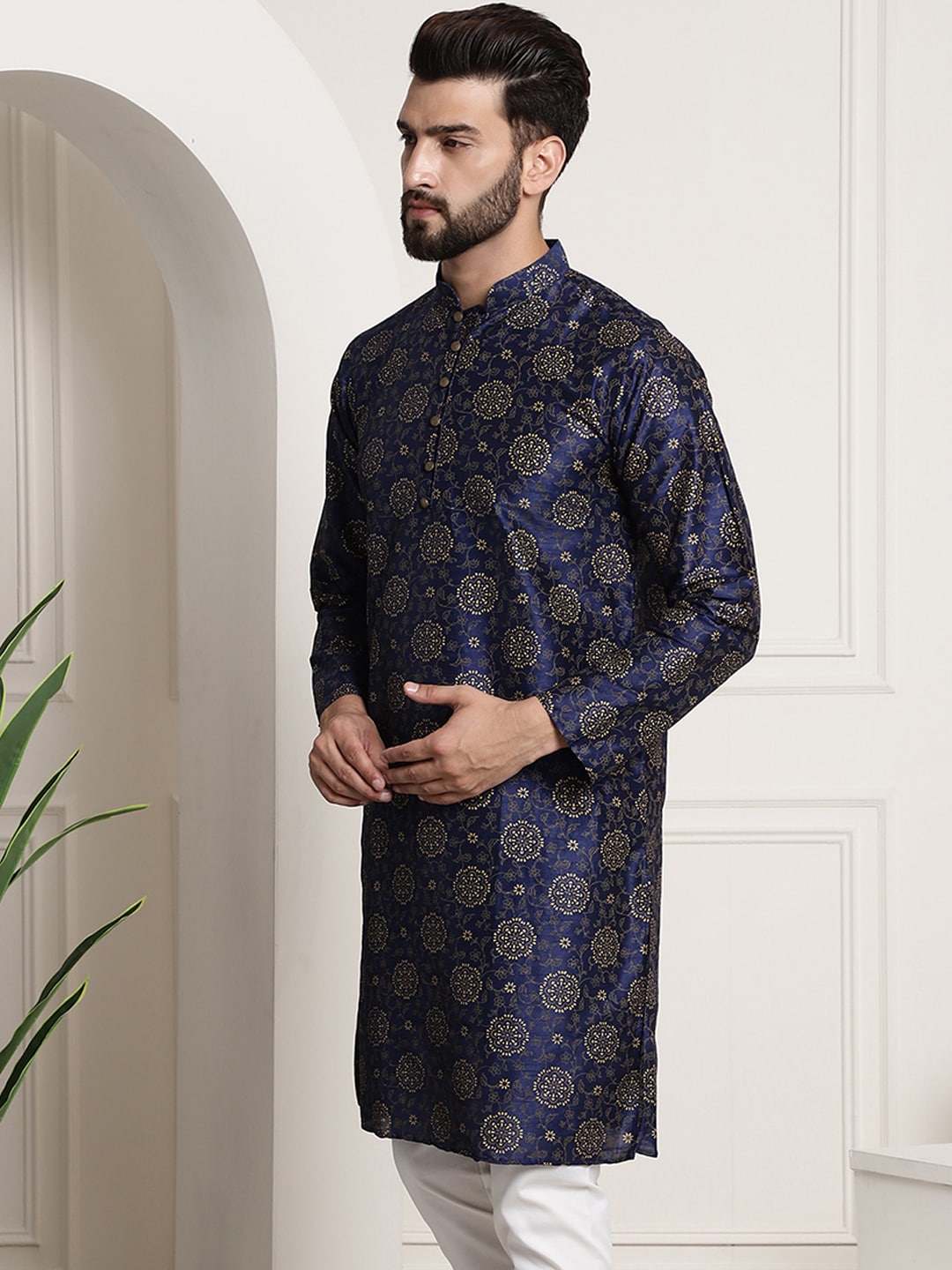 Sojanya Men Navy Blue & Golden Ethnic Motifs Printed Indigo Kurta | Grocsy