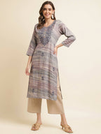 Grey Poly Rayon Stripe Printed Straight Fit Kurta - Prasuti | Grocsy