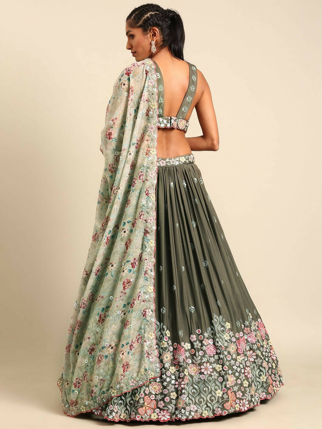House of Panchhi Olive Chinon Sequins embroidery Lehenga choli & Dupatta | Grocsy