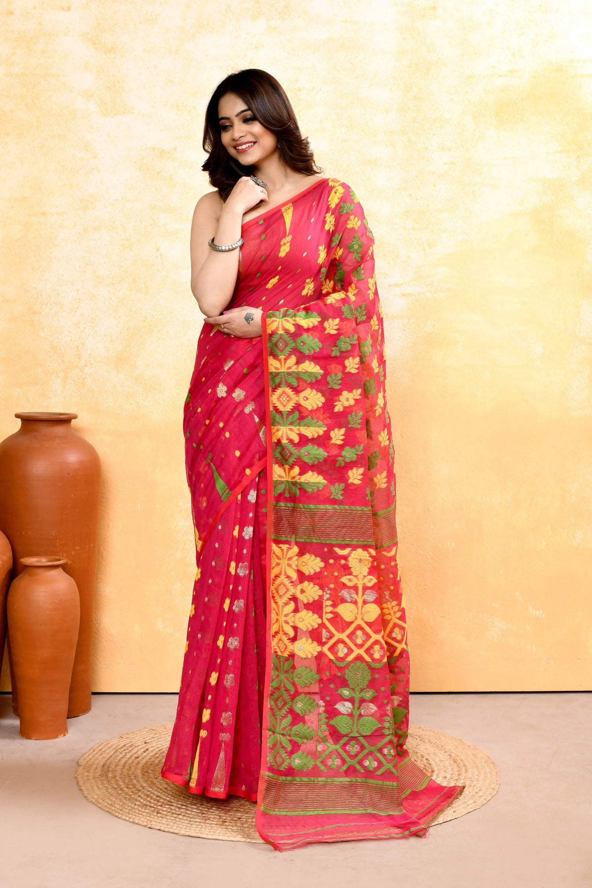 Piyari Fashion Women's Red Embellished Cotton Blend Jamdani Saree | Grocsy