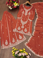 The52 Women's Gorgeous Embroidery Work Fox Georgette Fabric Straight Kurta Sharara and Dupatta Set-Orange | Grocsy