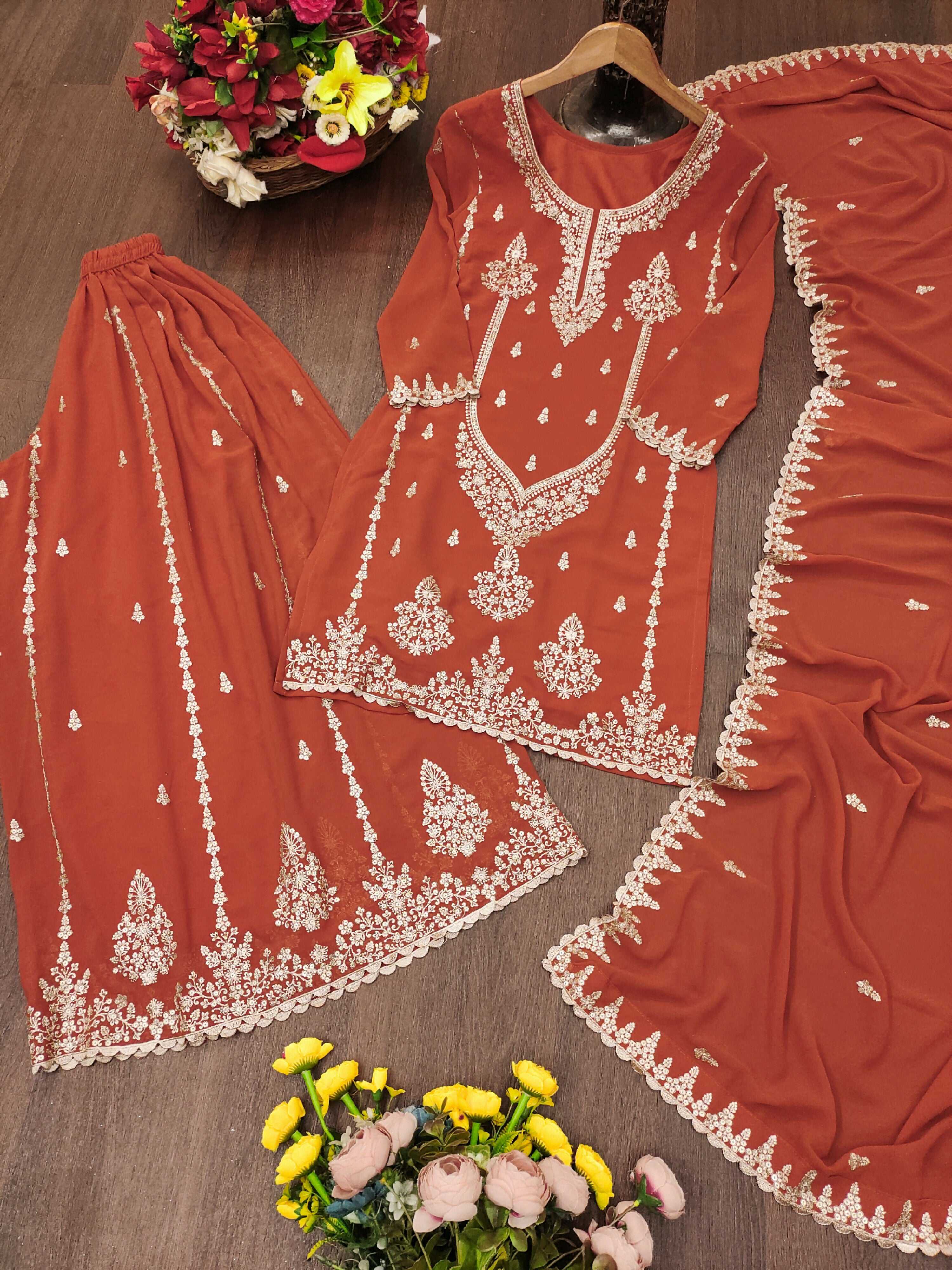 The52 Women's Gorgeous Embroidery Work Fox Georgette Fabric Straight Kurta Sharara and Dupatta Set-Orange | Grocsy