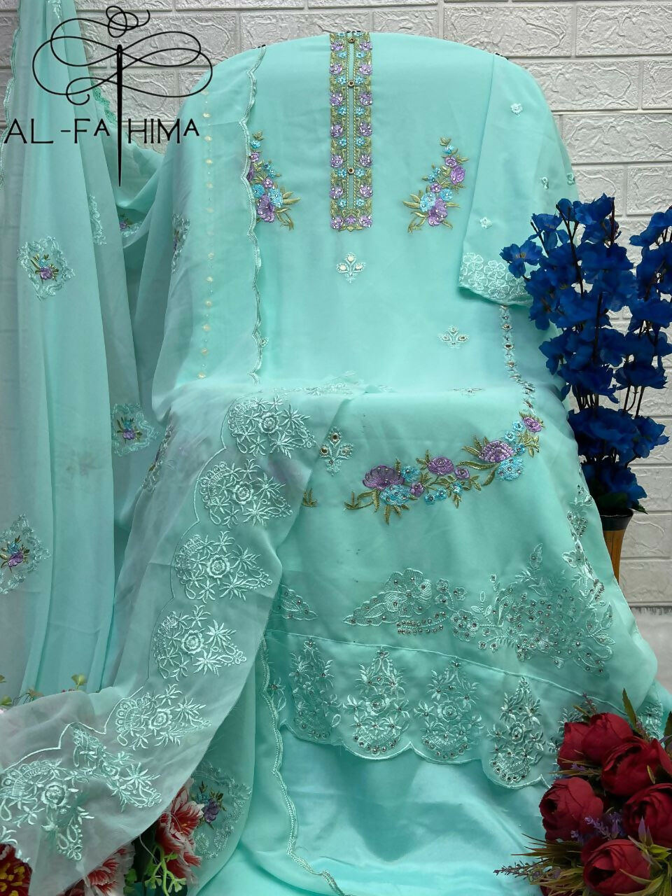 Jyoti Fashion Women's Turquoise Faux Georgette Heavy Embroidery and Moti Work Kurta Set | Grocsy