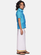 Sethukrishna Boys Turquoise Blue & White Solid Cotton Shirt & Dhoti Set | Grocsy
