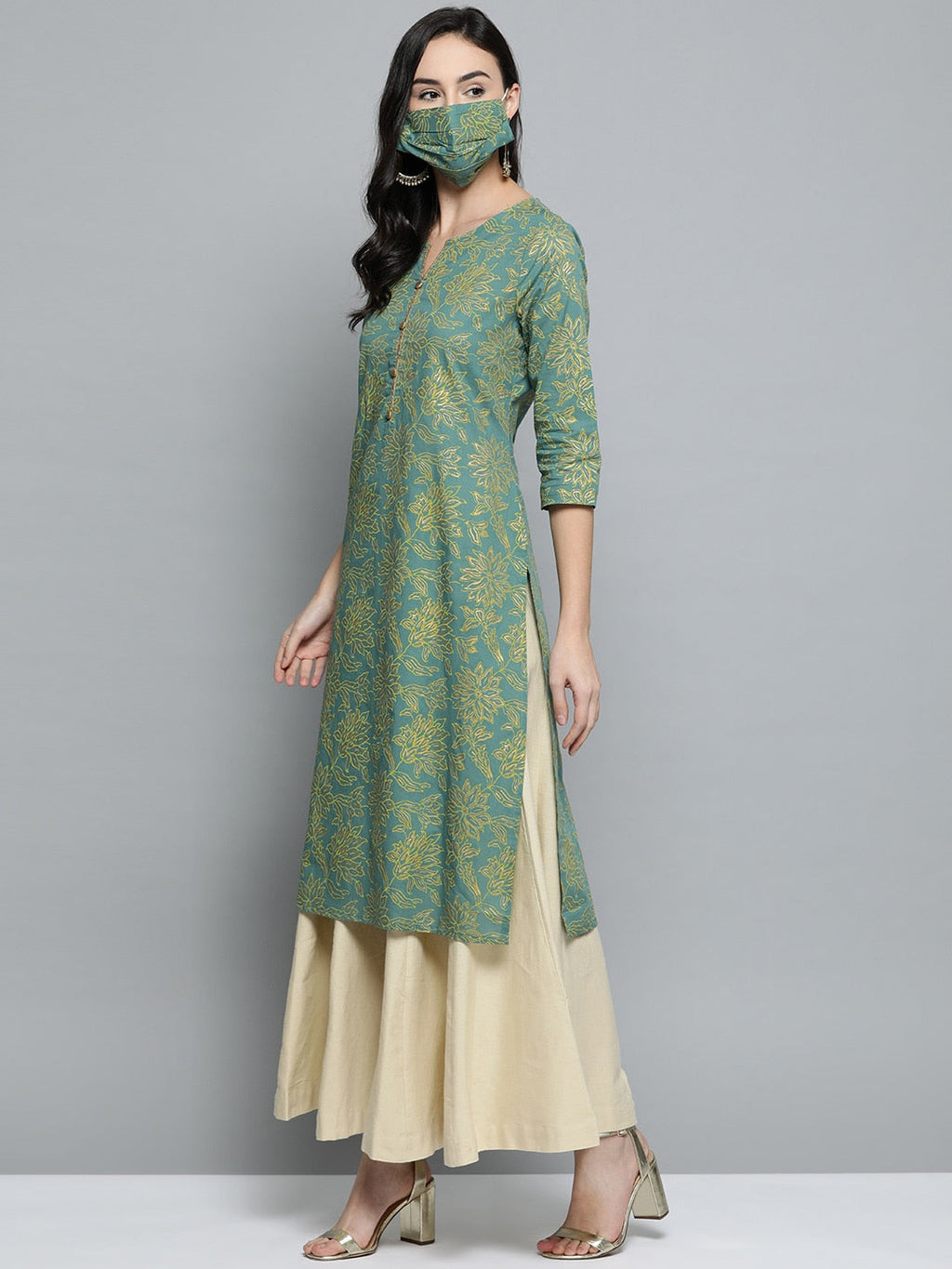 HERE&NOW Women Green & Golden Printed Straight Kurta | Grocsy