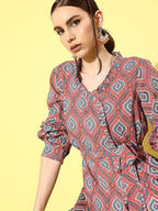 InWeave Women's Pink Blue Ogee Print Belted Coord Set | Grocsy