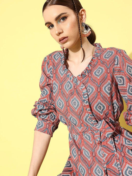 InWeave Women's Pink Blue Ogee Print Belted Coord Set | Grocsy