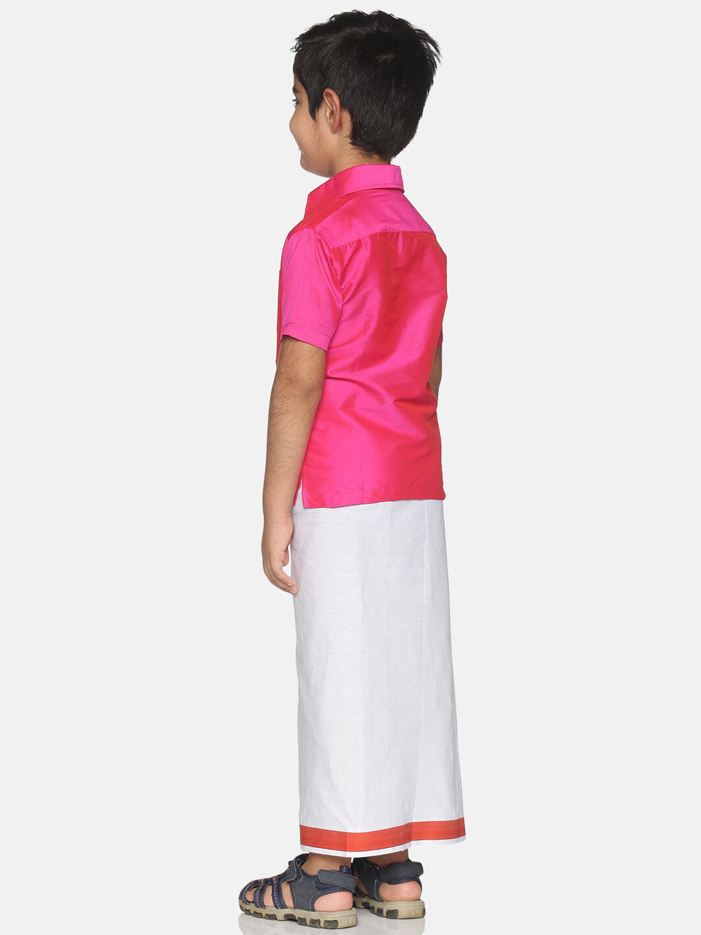 Sethukrishna Pink & White Solid Shirt with Veshti Set For Boys | Grocsy