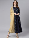 Janasya Women Navy Blue Floral Printed Crepe Anarkali Kurta with Dupatta | Grocsy