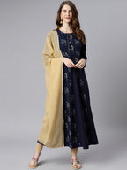 Janasya Women Navy Blue Floral Printed Crepe Anarkali Kurta with Dupatta | Grocsy