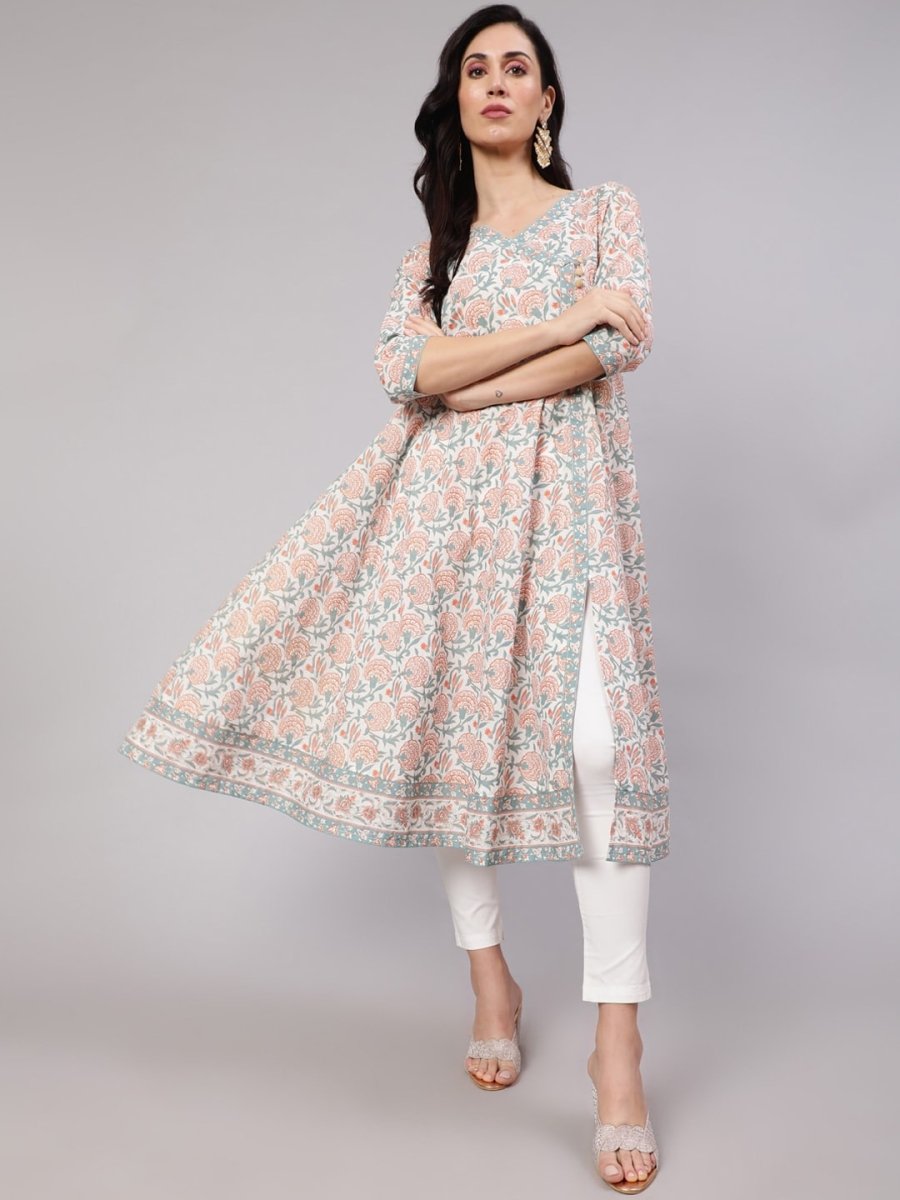 Aks Floral Printed Cotton Anarkali Kurta | Grocsy