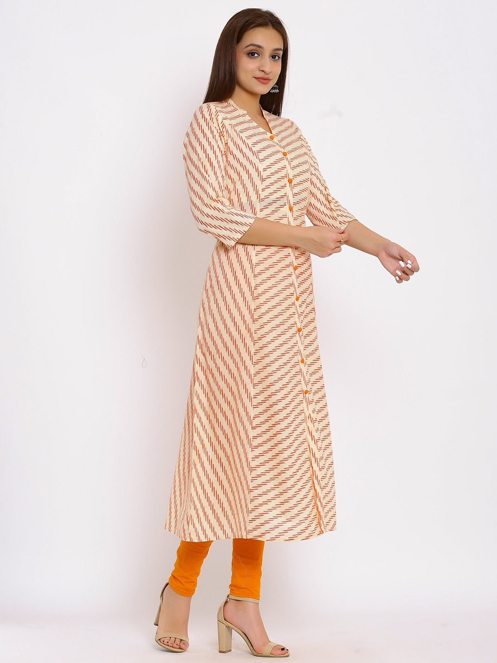 HERE&NOW Orange Mandarin Collar Striped A-Line Kurta | Grocsy