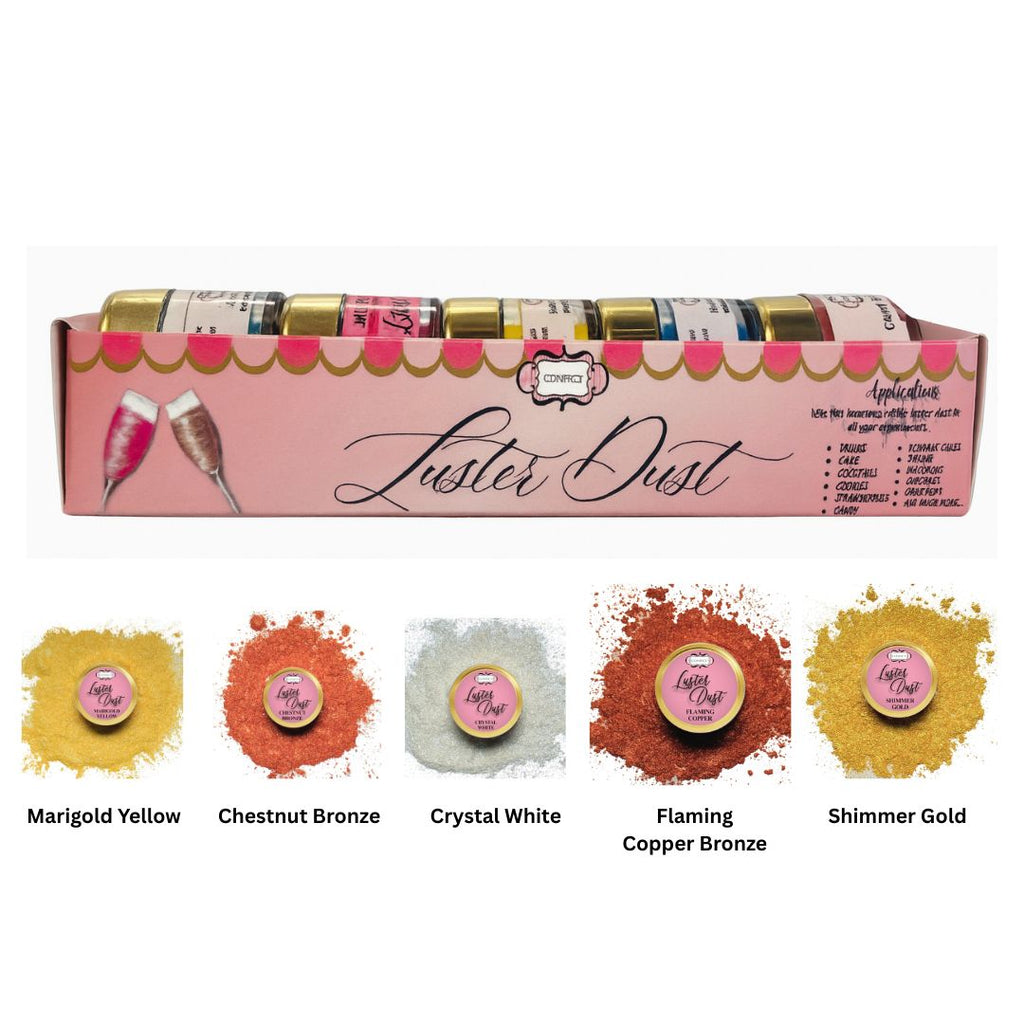 Confect Edible Luster Dust – Pack of 5 | Gold, White, Bronze, Yellow, Copper | | Grocsy