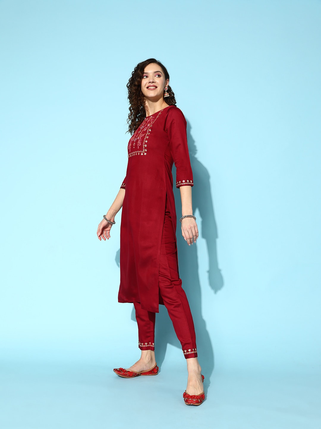Sangria Embroidered Thread Work Kurta with Trousers & With Dupatta | Grocsy