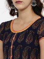 Souchii Navy Blue Printed Fit and Flare Dress | Grocsy