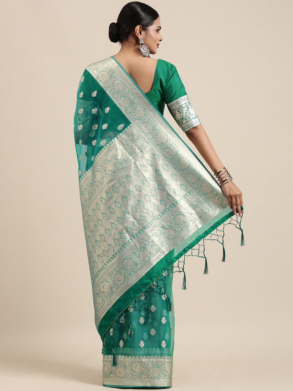 Saree Mall Green Ethnic Motifs Zari Organza Banarasi Saree | Grocsy