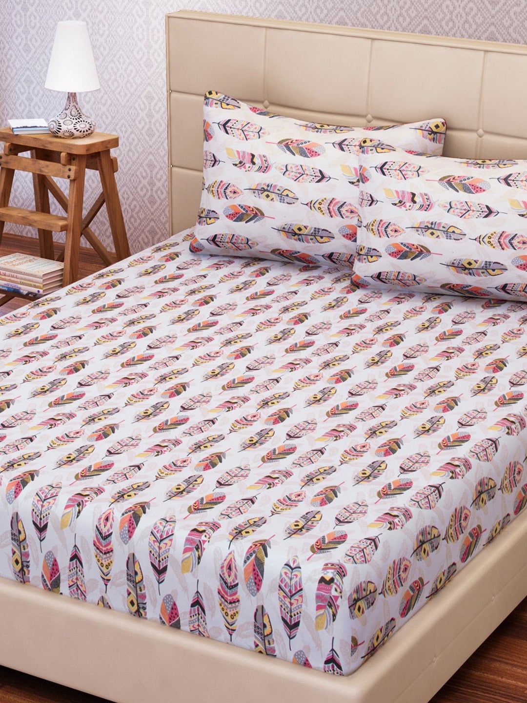 SEJ by Nisha Gupta White & Pink 144 TC Cotton King Bedsheet with 2 Pillow Covers | Grocsy