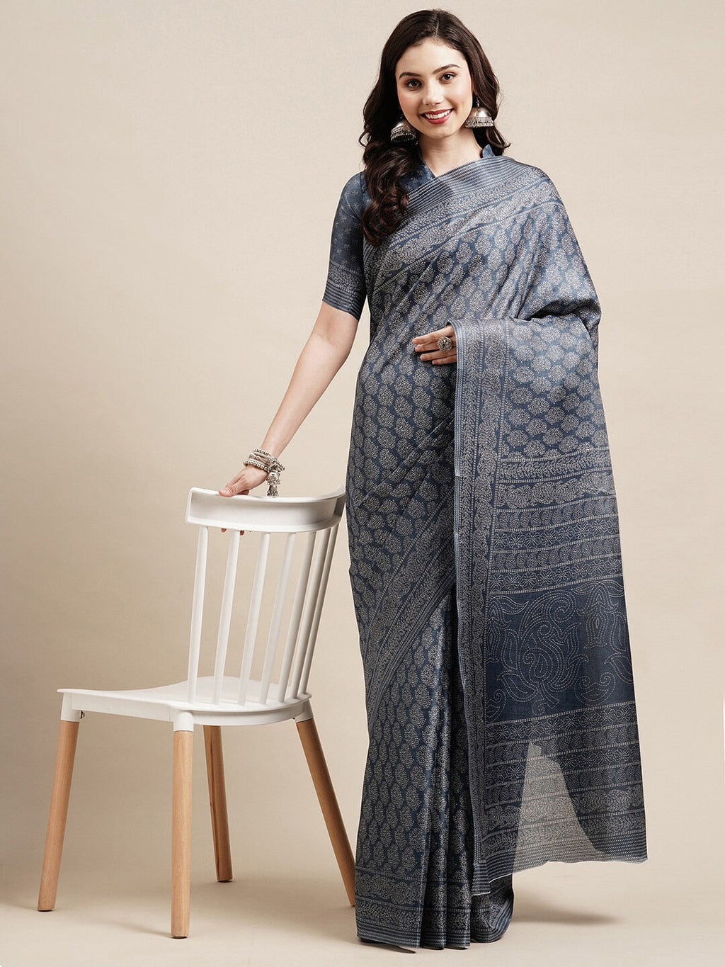 Saree Mall Grey & White Floral Art Silk Sarees | Grocsy