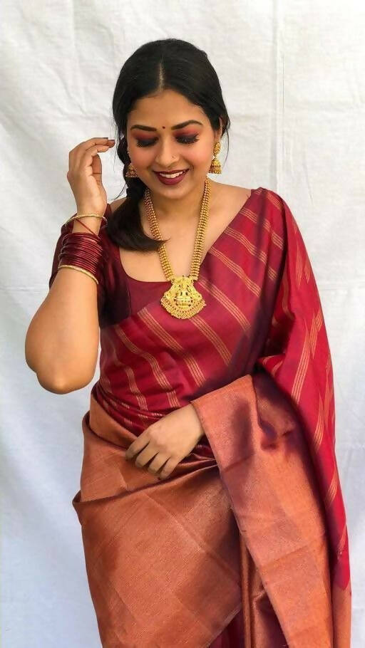 DEIANA'S Beautiful Designer Golden zari Soft Lichi Silk Saree - Brown | Grocsy