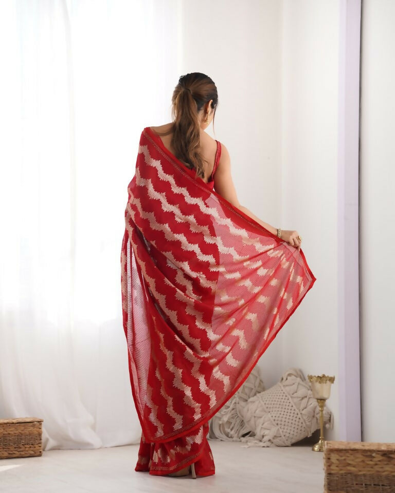 Red Georgette Sequance Embroidery Work Border Saree - Sitare | Grocsy
