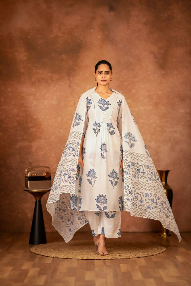 Joban Fashion Off White Blue Hand Block Printed Cotton Suit Set | Grocsy