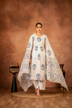 Joban Fashion Off White Blue Hand Block Printed Cotton Suit Set | Grocsy