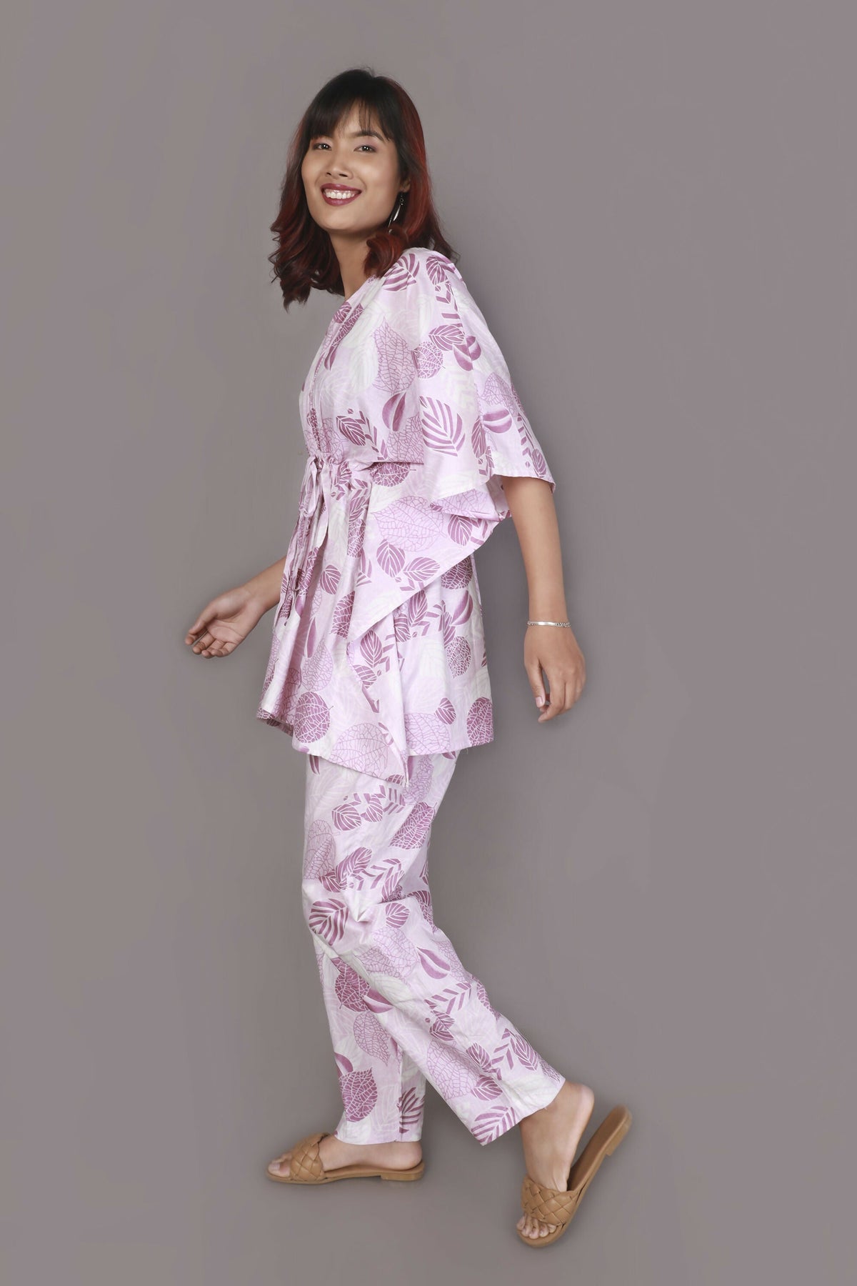 Breathables Women’S Loungewear Kaftan Cotton Pink Nature-Inspired Print Co-Ord Set | Grocsy
