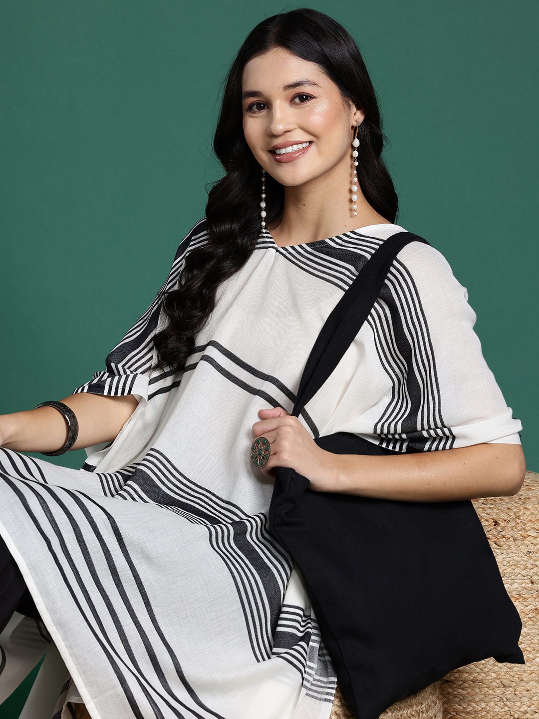 Sangria Striped Flared Sleeves Jacquard Kaftan Kurta | Grocsy