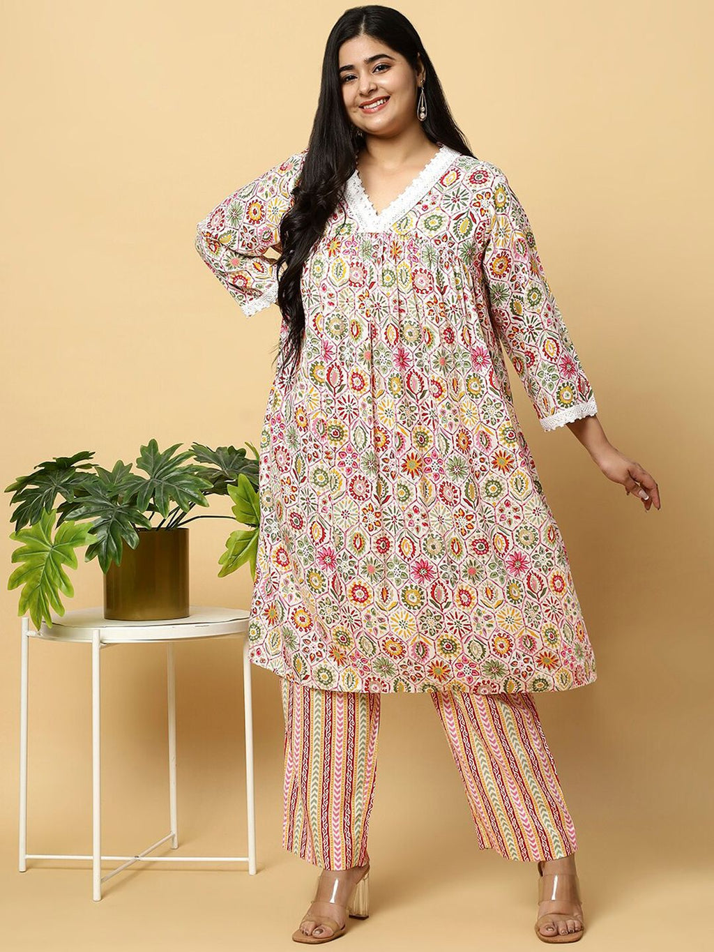 Sztori Plus Size Floral Printed V- Neck Pleated Pure Cotton A-Line Kurta With Lace Detail | Grocsy