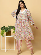 Sztori Plus Size Floral Printed V- Neck Pleated Pure Cotton A-Line Kurta With Lace Detail | Grocsy