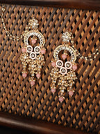 Anikas Creation Pink & Gold-Polished Kundan Contemporary Chandbalis With Ear Chain Earrings | Grocsy