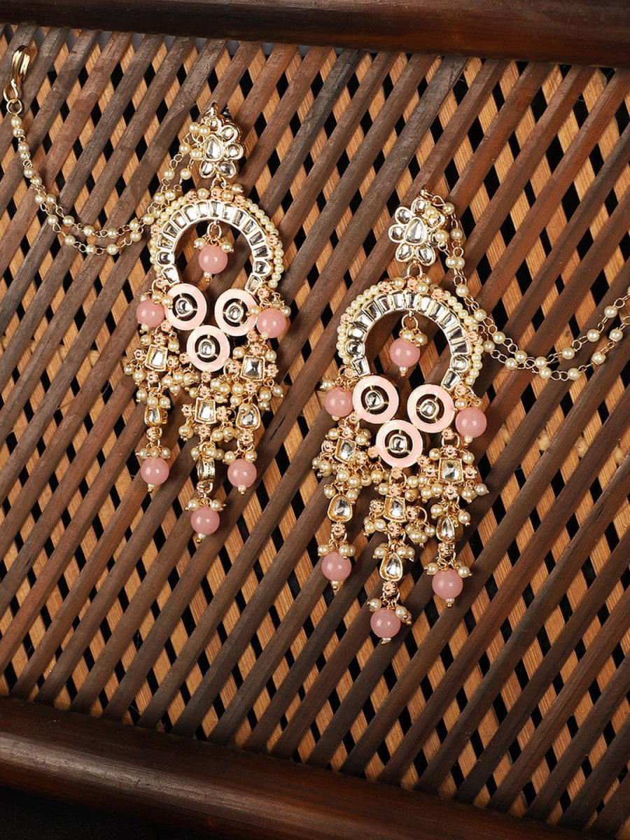 Anikas Creation Pink & Gold-Polished Kundan Contemporary Chandbalis With Ear Chain Earrings | Grocsy