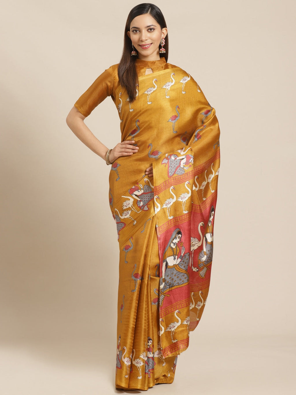 Saree Mall Brown & White Printed Saree | Grocsy