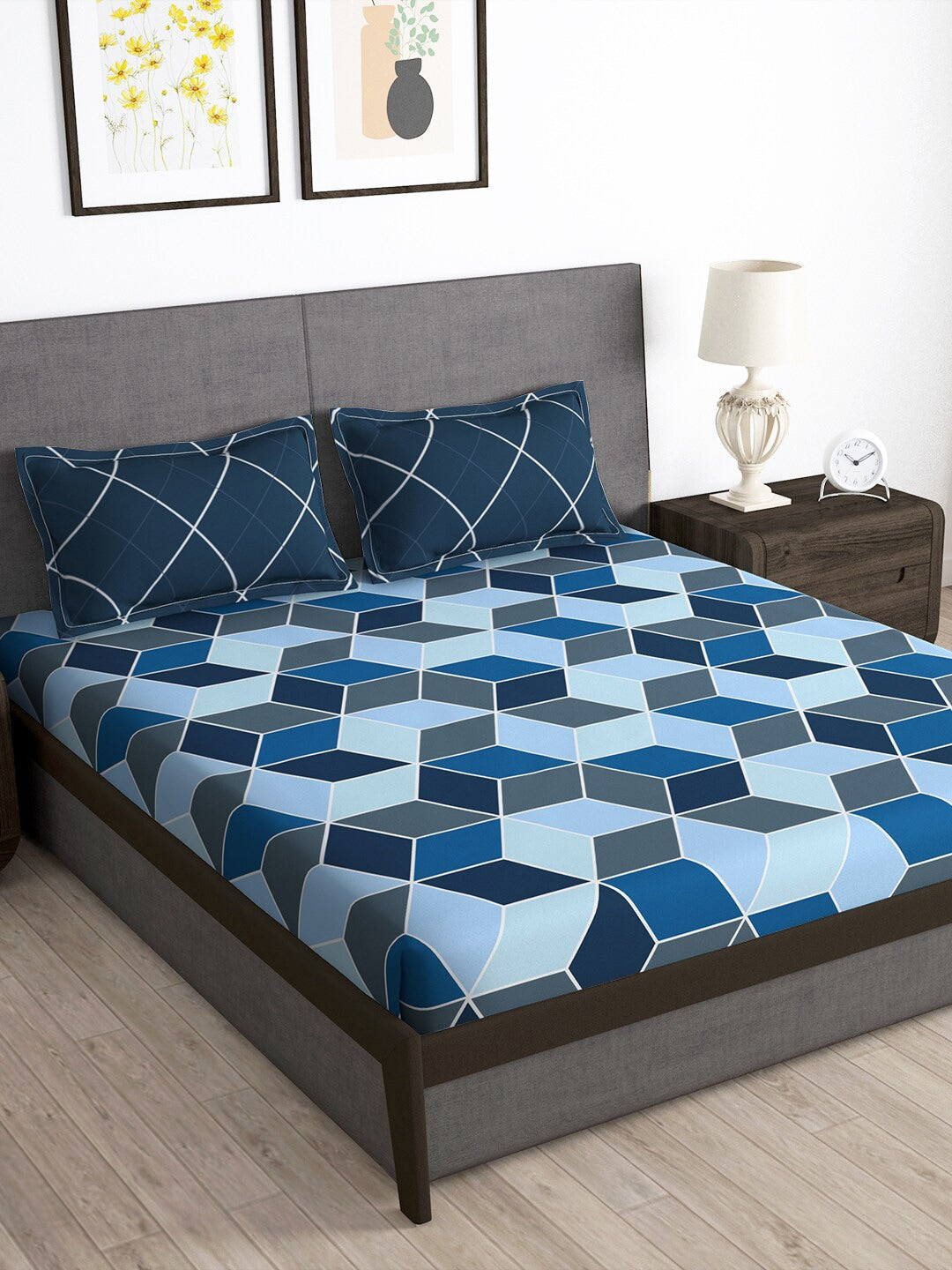 Story@home Arena Blue & Grey Geometric Printed 180 TC Queen Bedsheet & 2 Pillow Covers | Grocsy