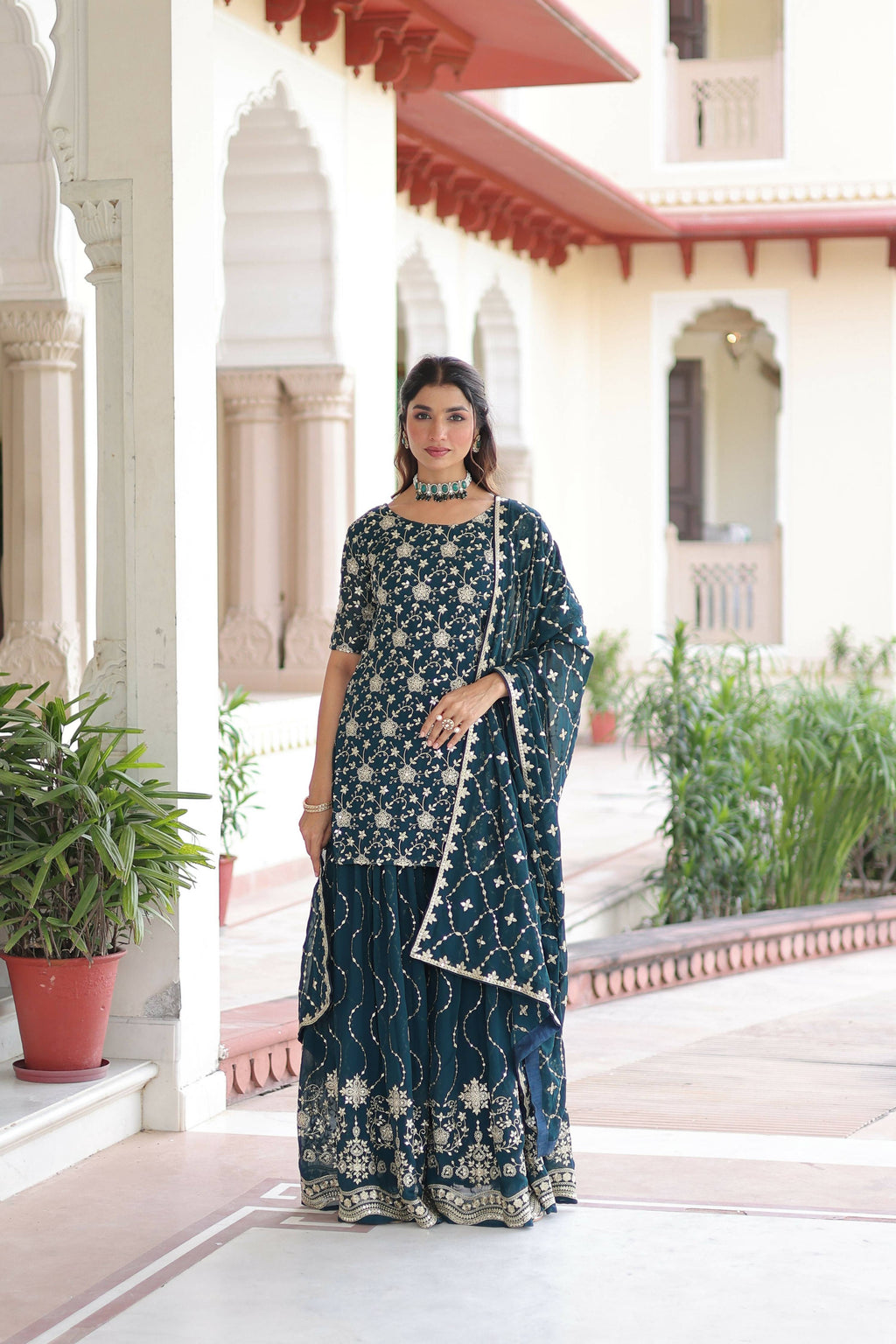 Joban Fashion Rama Green Readymade Kurta Set With Sequence embroidery Work | Grocsy