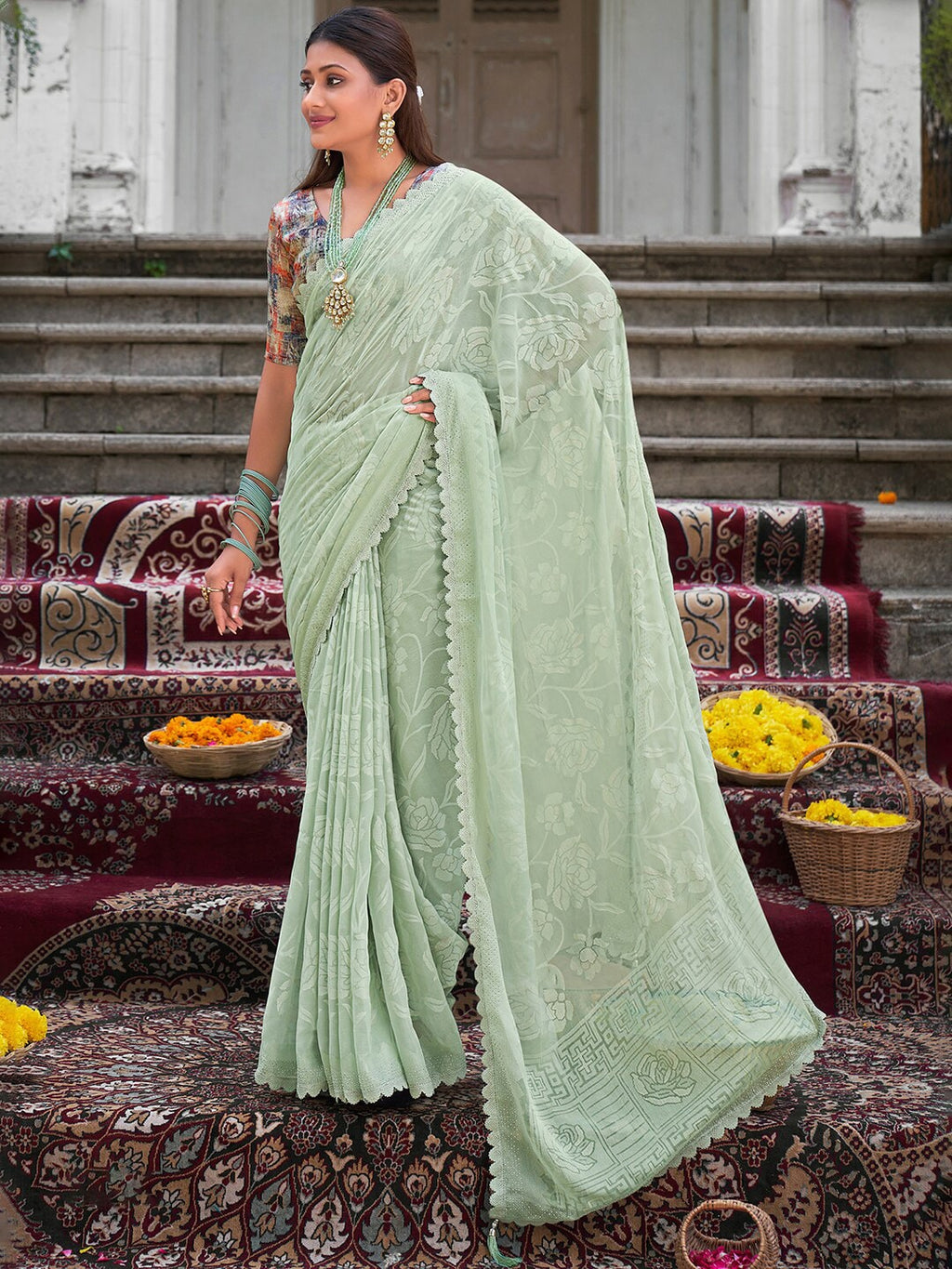 Saree Mall Floral Woven Design Pure Chiffon Sarees | Grocsy